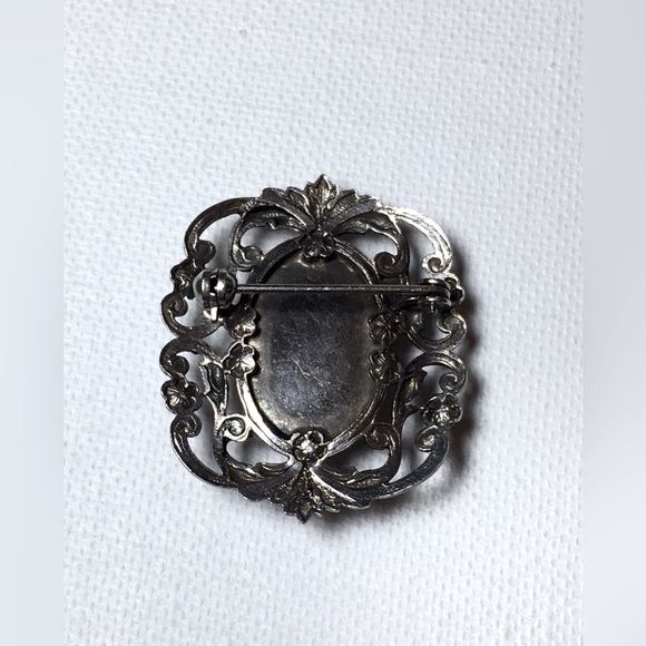 Vintage Silver Brooch Pin Hand-painted Flower On Oval Porcelain Insert - Picture 3 of 5